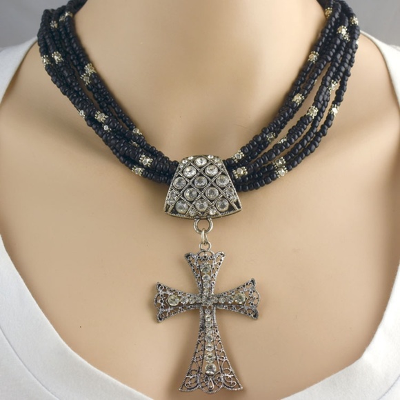 BG Designs Jewelry - Seven Strand Seed Bead Cross Necklace Set